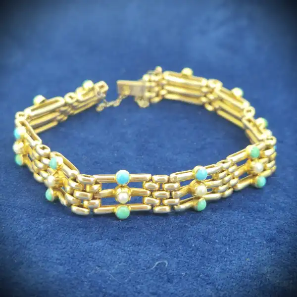  Thumbnail of Antique Turquoise and Pearl Bracelet in 15ct Gold