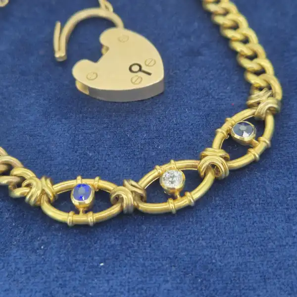 Date 1904! 15ct Gold Sapphire & Diamond Bracelet-15ct-sapphire-and-diamond-bracelet-with-padlock.webp