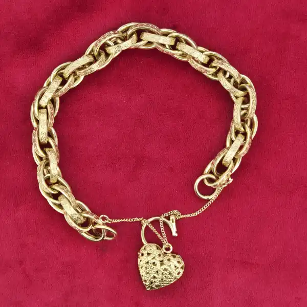Gorgeous 9ct Yellow Gold Fancy Charm Bracelet-9ct-gold-fancy-charm-bracelet-heart-padlock.webp