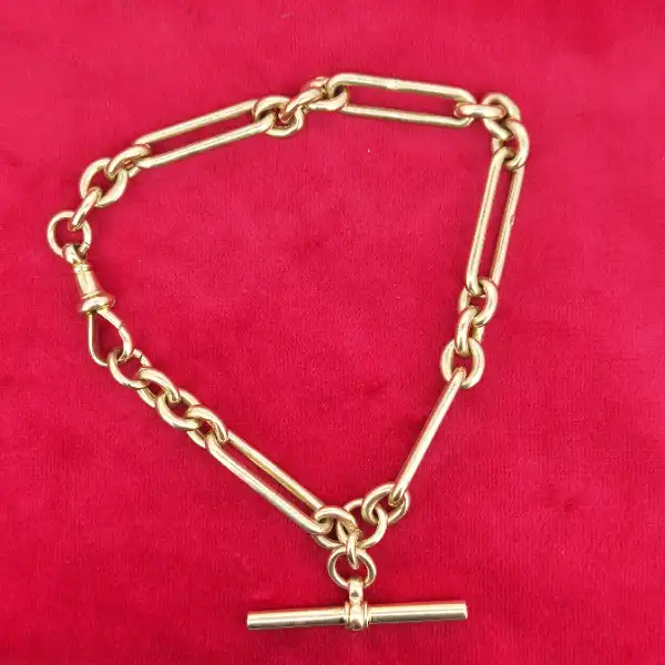 Antique 9ct Yellow Gold Trombone Link Bracelet-9ct-yellow-gold-trombone-albert-bracelet-with-tbar.webp