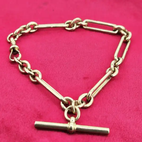 Antique 9ct Yellow Gold Trombone Link Bracelet-9ct-yellow-gold-trombone-albert-bracelet-with-tbar.webp