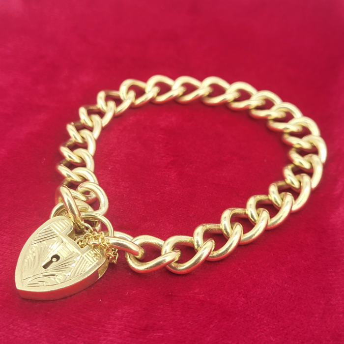  Thumbnail of 9ct Gold Solid Charm Bracelet with Engraved Heart Padlock