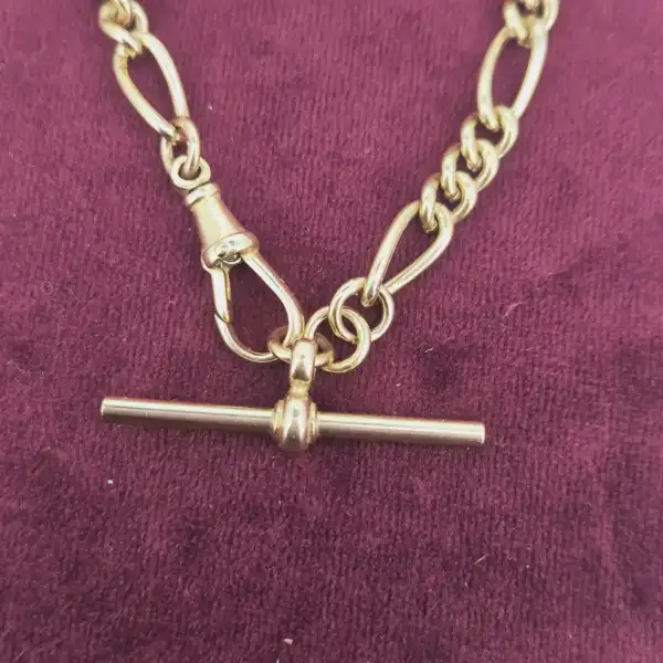 Antique 9ct Rose Gold Albert Figaro Bracelet with T-Bar-antique-figaro-albert-bracelet-with-tbar.webp