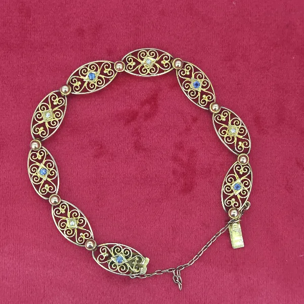 Filigree Antique Bracelet with Sapphires & Diamonds- Front View 