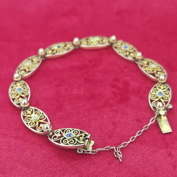 Filigree Antique Bracelet with Sapphires & Diamonds- Close Up 