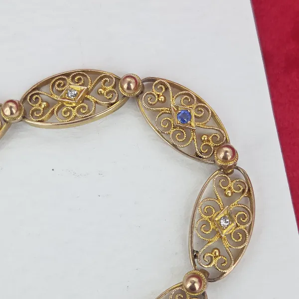 Filigree Antique Bracelet with Sapphires & Diamonds- Magnified 