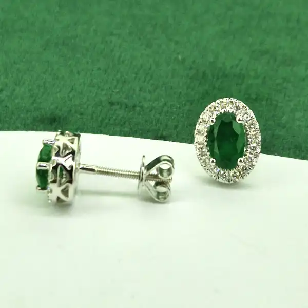 18ct White Gold Emerald & Diamond Oval Stud Earrings-18ct-emerald-dia-oval-halo-studs.webp