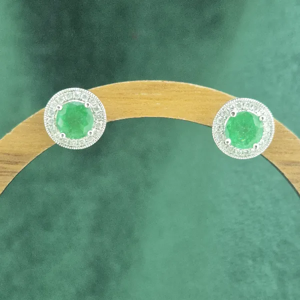 Emerald & Diamond Cluster Earrings-18ct-gold-emerald-diamond-round-halo-studs.webp