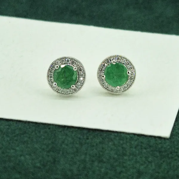 Emerald & Diamond Cluster Earrings-18ct-gold-emerald-diamond-round-halo-studs.webp