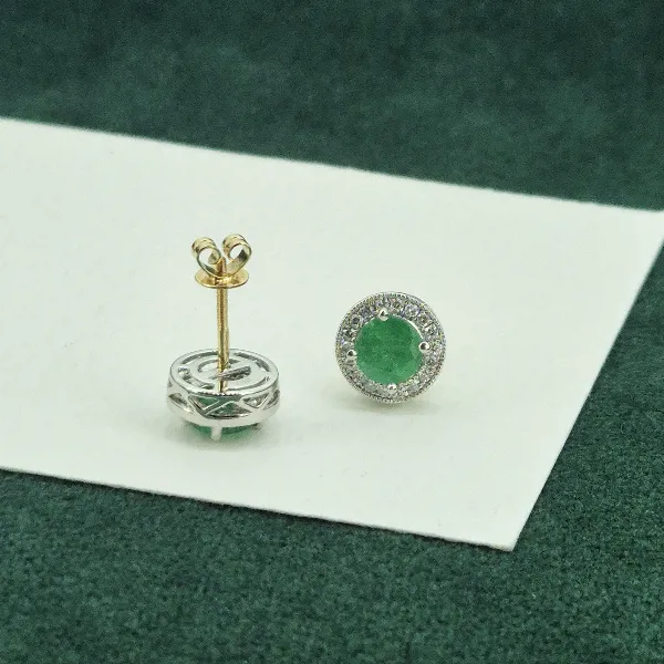 Emerald & Diamond Cluster Earrings-18ct-gold-emerald-diamond-round-halo-studs.webp