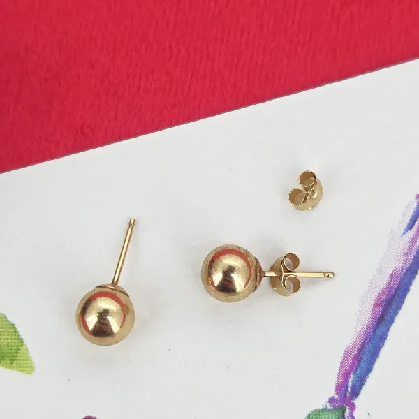 6mm Yellow Gold Stud Earrings - Matt Finish- Close Up 
