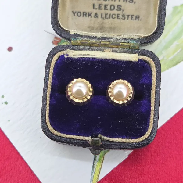 Gold and Pearl Stud Earrings- Side View 