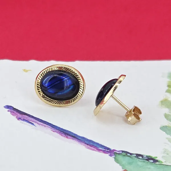 Vintage 9ct Gold Blue Cabochon Oval Stud Earrings- Reverse Angle 