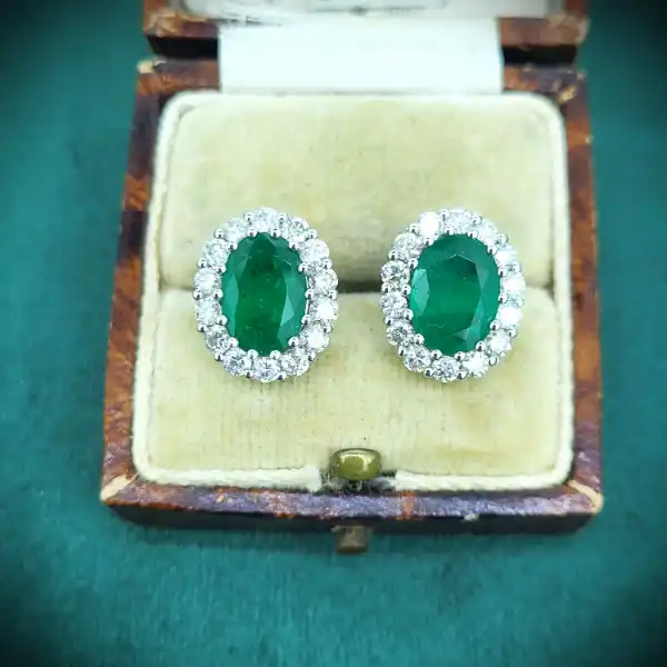 Emerald Jewellery Ireland  - Emerald & Diamond Cluster Earrings in 18ct Gold