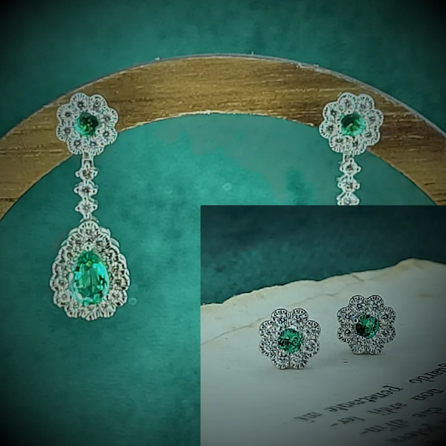 Emerald Jewellery Ireland  - Emerald & Diamond Stud Earrings with Drop Addition