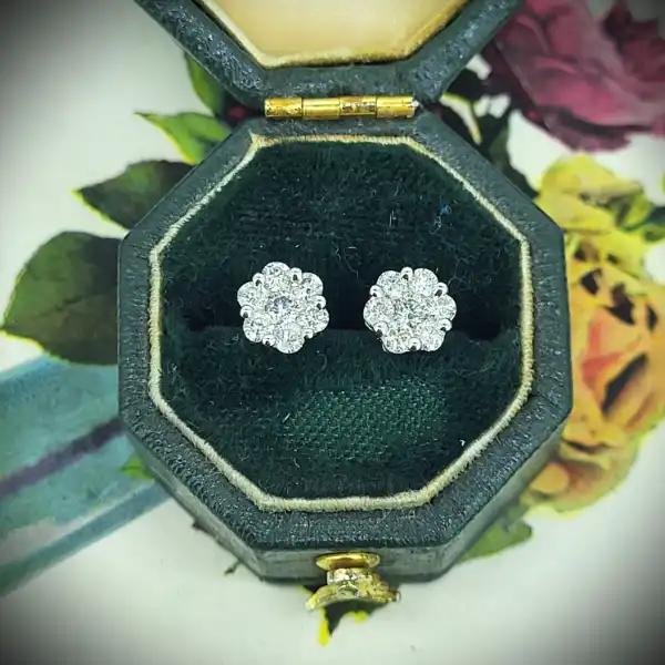 diamond Stock: White Gold Diamond Daisy Cluster Stud Earrings