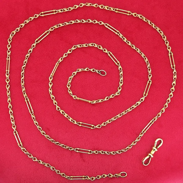 Antique Yellow Gold 15ct Longuard Chain with Double Dog Clip- Side View 