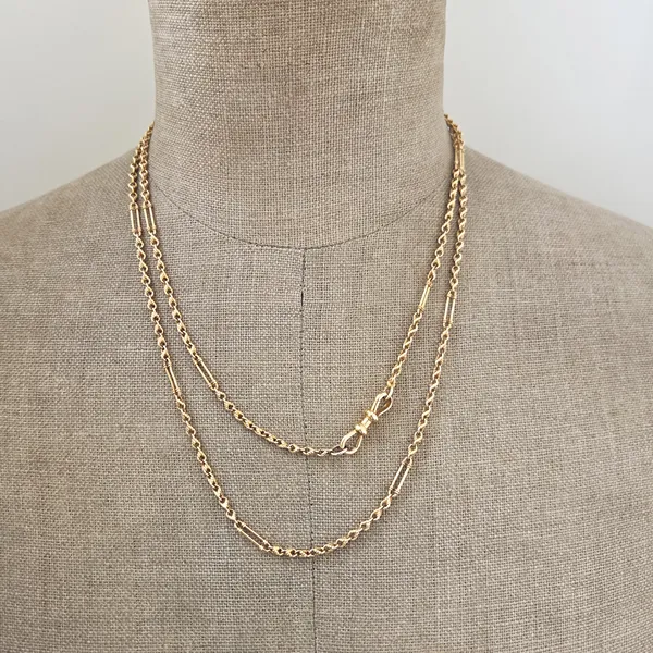 Antique Yellow Gold 15ct Longuard Chain with Double Dog Clip-Top Left View 