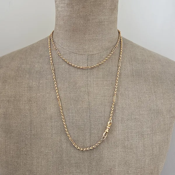 Antique Yellow Gold 15ct Longuard Chain with Double Dog Clip-Left View 