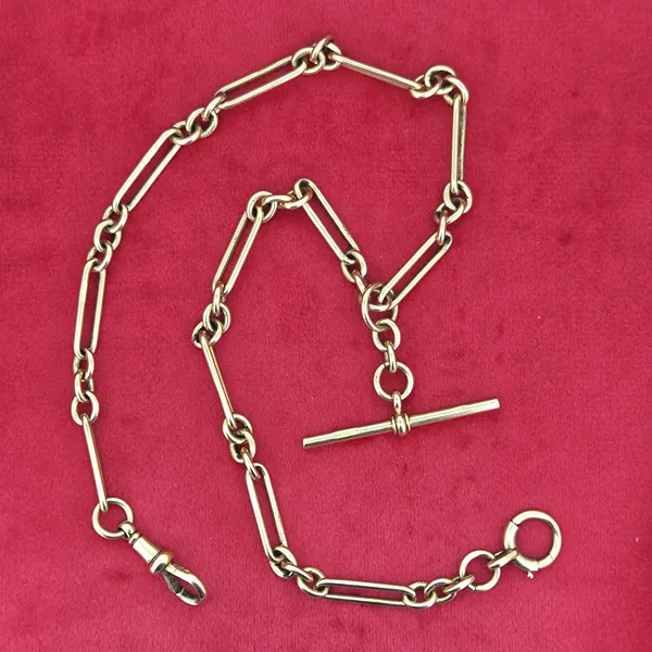 Antique 15ct Yellow Gold Trombone Link Albert Chain with T-Bar- Side View 
