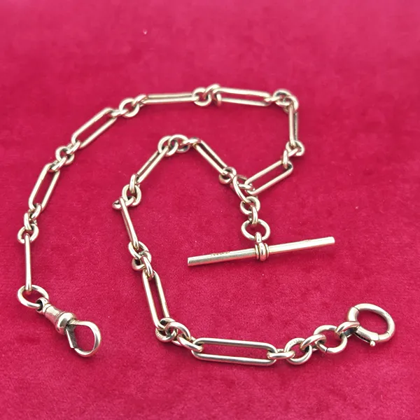 Antique 15ct Yellow Gold Trombone Link Albert Chain with T-Bar- Front View 