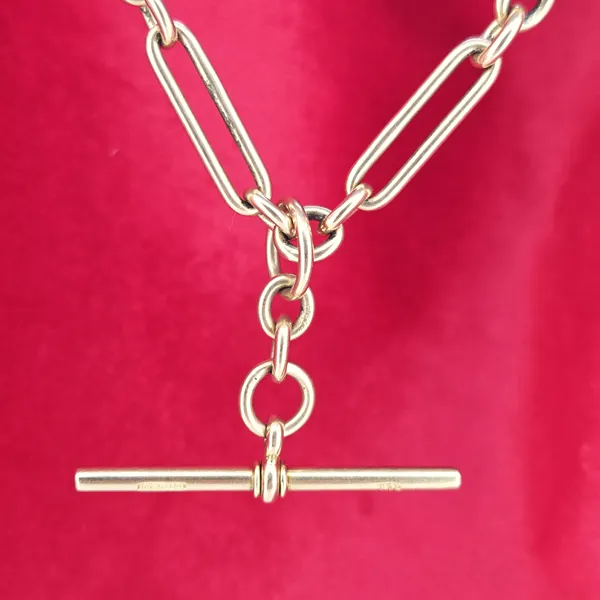 Antique 15ct Yellow Gold Trombone Link Albert Chain with T-Bar- Close Up 