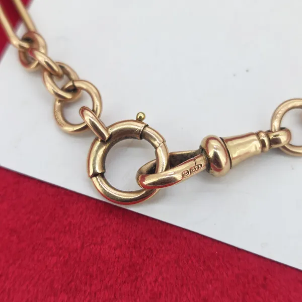 Antique 15ct Yellow Gold Trombone Link Albert Chain with T-Bar- Magnified 