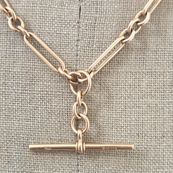Antique 15ct Yellow Gold Trombone Link Albert Chain with T-Bar-Original 