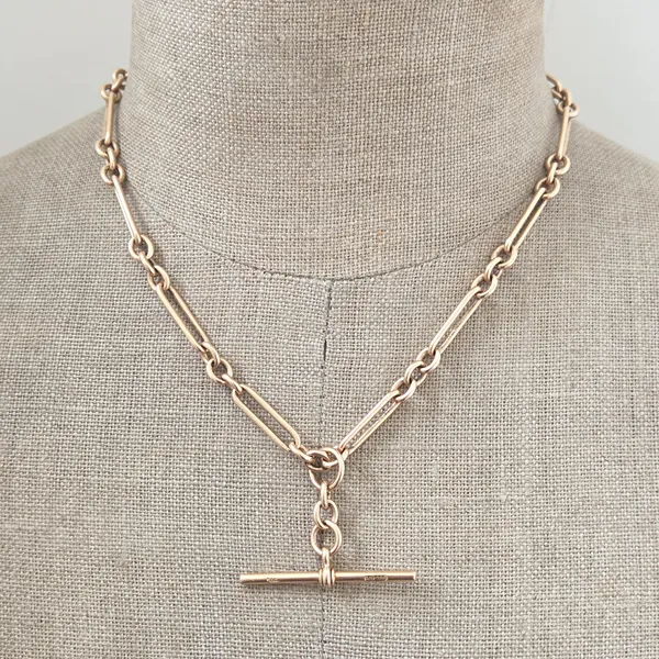 Antique 15ct Yellow Gold Trombone Link Albert Chain with T-Bar-Small 