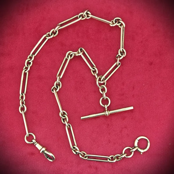 Antique 15ct Yellow Gold Trombone Link Albert Chain with T-Bar