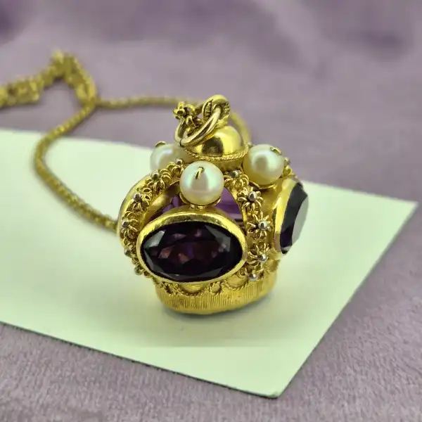 18ct Gold Etruscan Amethyst & Pearl Crown Fob Charm Pendant-18ct-amethyst-pearl-crown-fob-pendant.webp