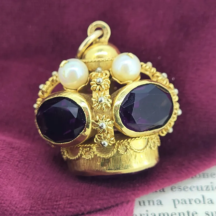 18ct Gold Etruscan Amethyst & Pearl Crown Fob Charm Pendant-18ct-amethyst-pearl-crown-fob-pendant.webp