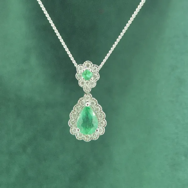 Emerald & Diamond Drop Pendant in 18ct White Gold-18ct-gold-double-drop-emerald-diamond-pendant.webp