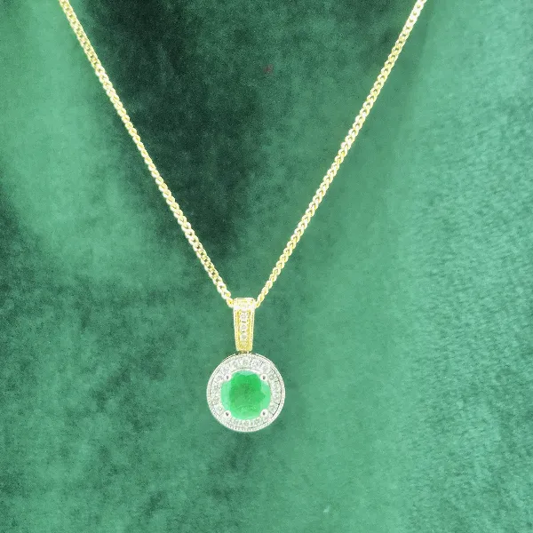 Emerald & Diamond Pendant in 18ct Yellow Gold-18ct-gold-emerald-diamond-round-halo-pendant.webp