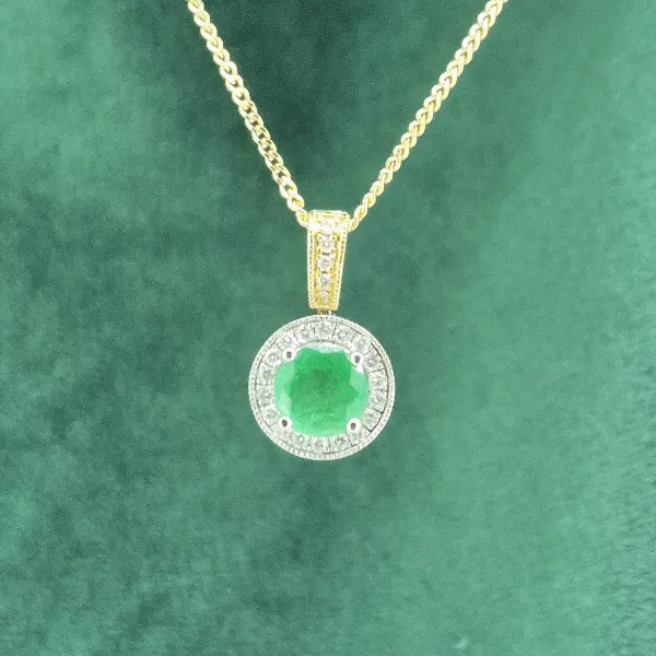 Emerald & Diamond Pendant in 18ct Yellow Gold-18ct-gold-emerald-diamond-round-halo-pendant.webp