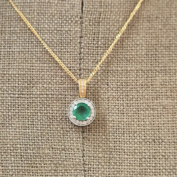 Emerald & Diamond Pendant in 18ct Yellow Gold-18ct-gold-emerald-diamond-round-halo-pendant.webp
