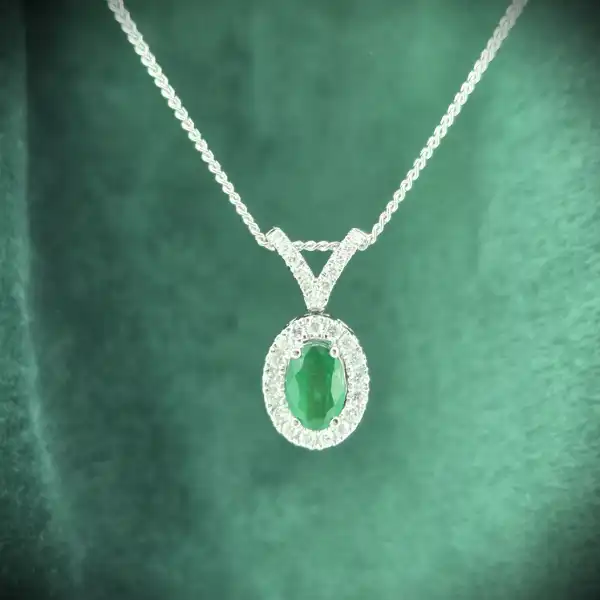  Thumbnail of 18ct White Gold Emerald & Diamond Halo Pendant