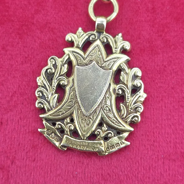 18ct Yellow Gold LONG Albert Chain with Medal by Fattorini & Sons- Front View 