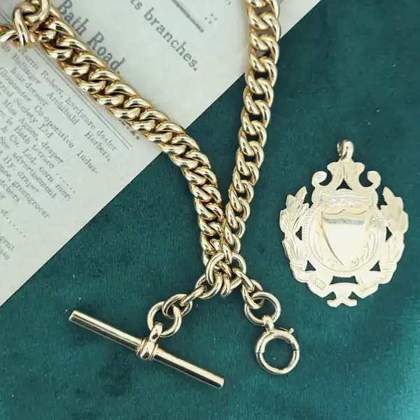 Date 1914-1915! Antique Rose Gold Albert Chain with Medal & T-Bar - Hollow-9ct-albert-chain-with-shield-medal.webp