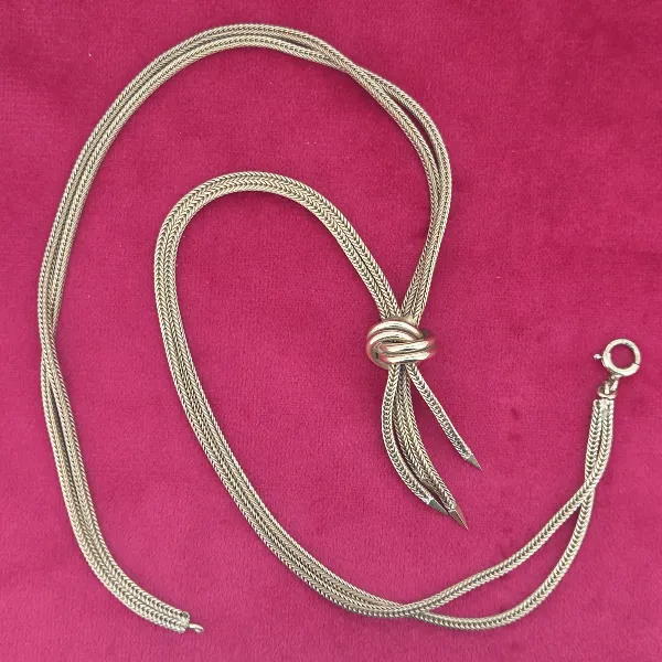 Antique 9ct Gold Foxtail Necklace with a Knotted Tassel - Side View 