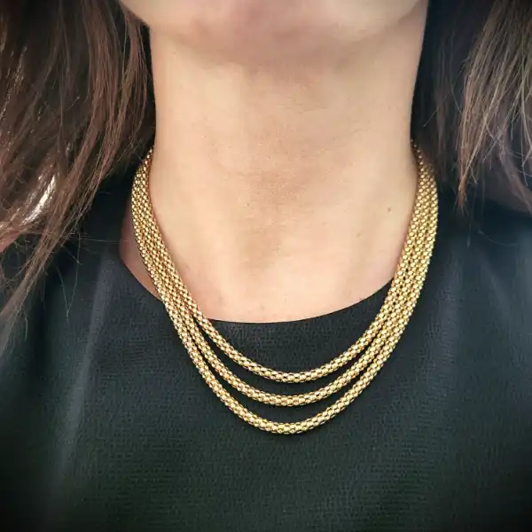  Thumbnail of Fancy Three Strand Tiered Popcorn Link Necklace in 9ct Yellow Gold