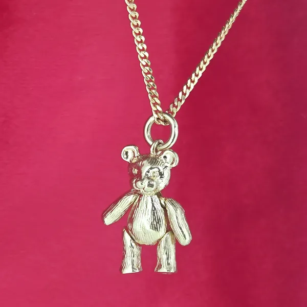 9ct Gold Articulated Teddy Bear Pendant on 16 inch 9ct Yellow Gold Chain- Side View 