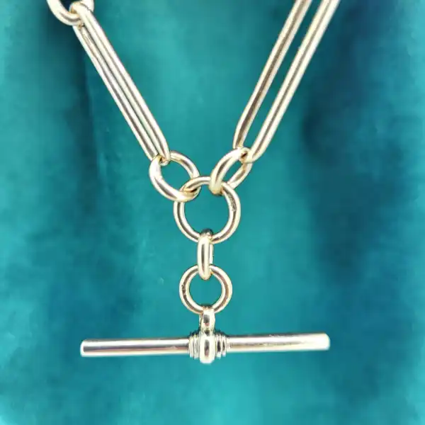 Date 1900! Antique Trombone Link T-Bar Albert Necklace-9ct-gold-trombone-albert-with-tbar-swivel.webp