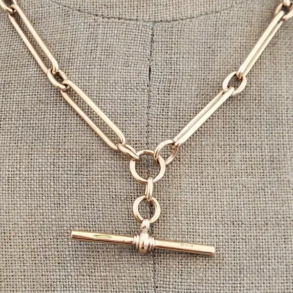 Date 1900! Antique Trombone Link T-Bar Albert Necklace-9ct-gold-trombone-albert-with-tbar-swivel.webp