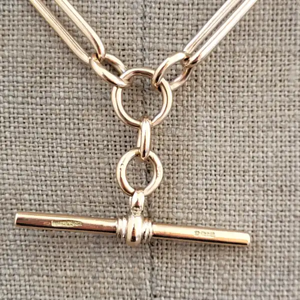 Date 1900! Antique Trombone Link T-Bar Albert Necklace-9ct-gold-trombone-albert-with-tbar-swivel.webp