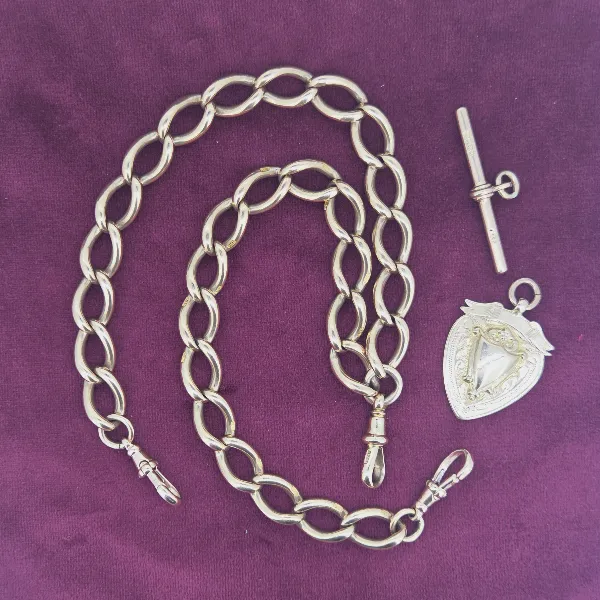 Loose Link Rose Gold Antique Albert Chain with Removeable T-Bar & Medal- Side View 