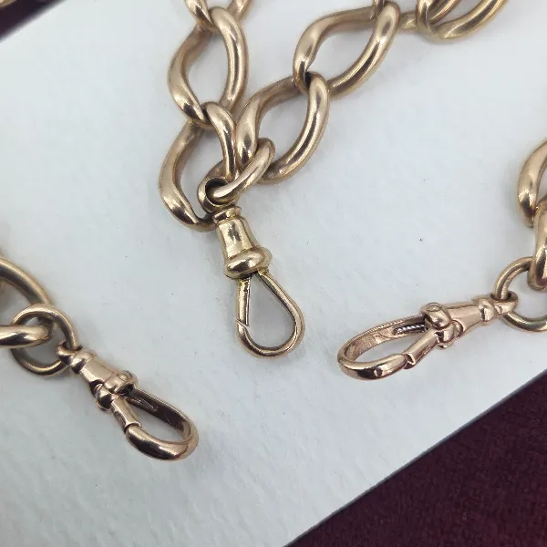 Loose Link Rose Gold Antique Albert Chain with Removeable T-Bar & Medal-Top Right View 