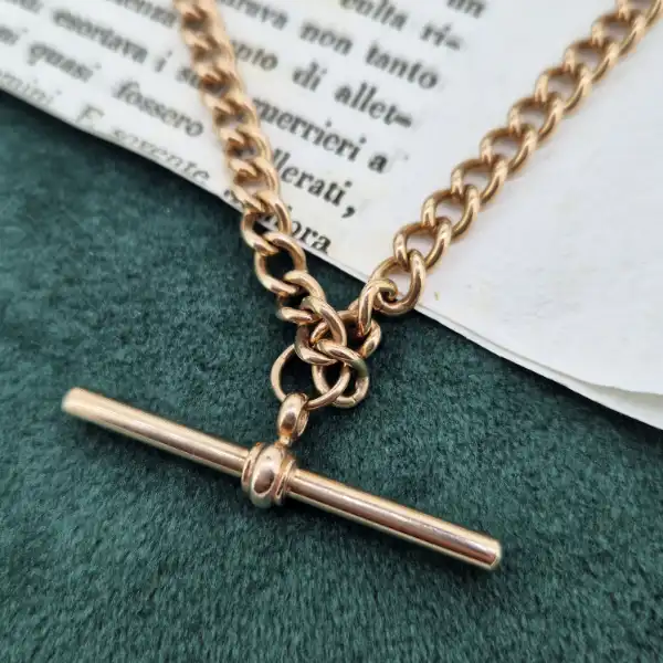 Vintage Solid Rose Gold Curb Chain with T-Bar-9ct-rose-gold-curb-albert-chain-vintage.webp