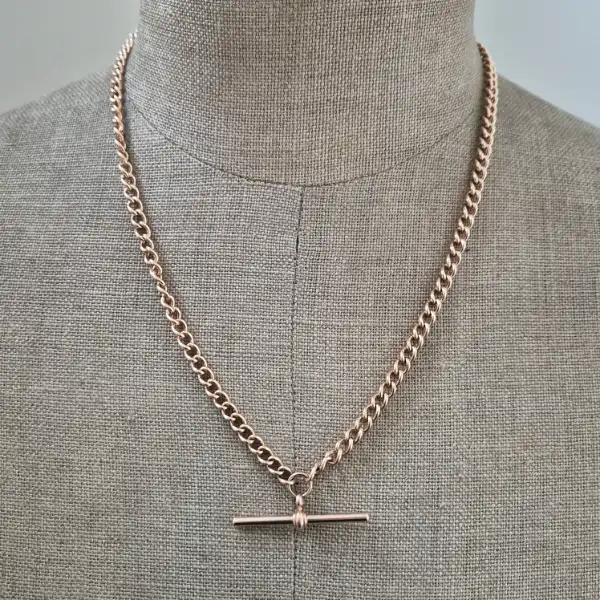 Vintage Solid Rose Gold Curb Chain with T-Bar-9ct-rose-gold-curb-albert-chain-vintage.webp