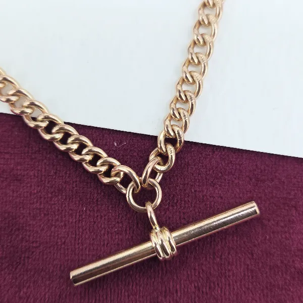 Antique Rose Gold Albert Chain with T-Bar - 20 Inches-9ct-rose-gold-curb-link-albert-48.5grams.webp